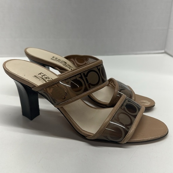 Salvatore Ferragamo High Heel Shoes Sandals Open Toe Lucite Straps Tan Size 7 B - Picture 3 of 11